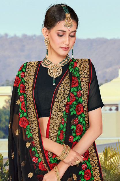 Black Colour Georgette Designer Saree