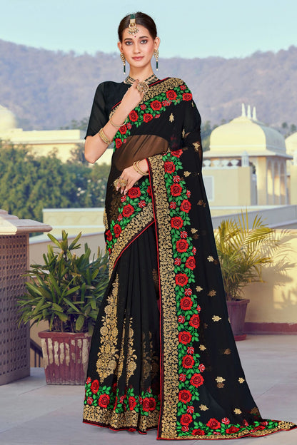 Black Colour Georgette Designer Saree