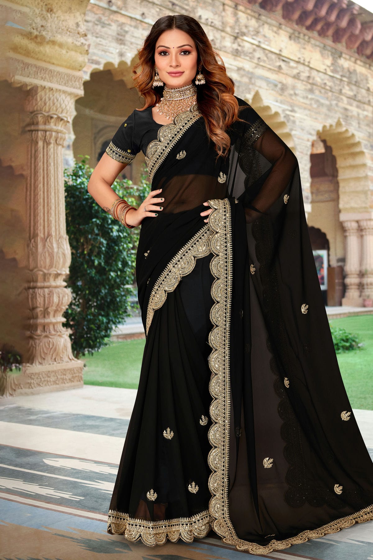 Black Colour Georgette Designer Saree