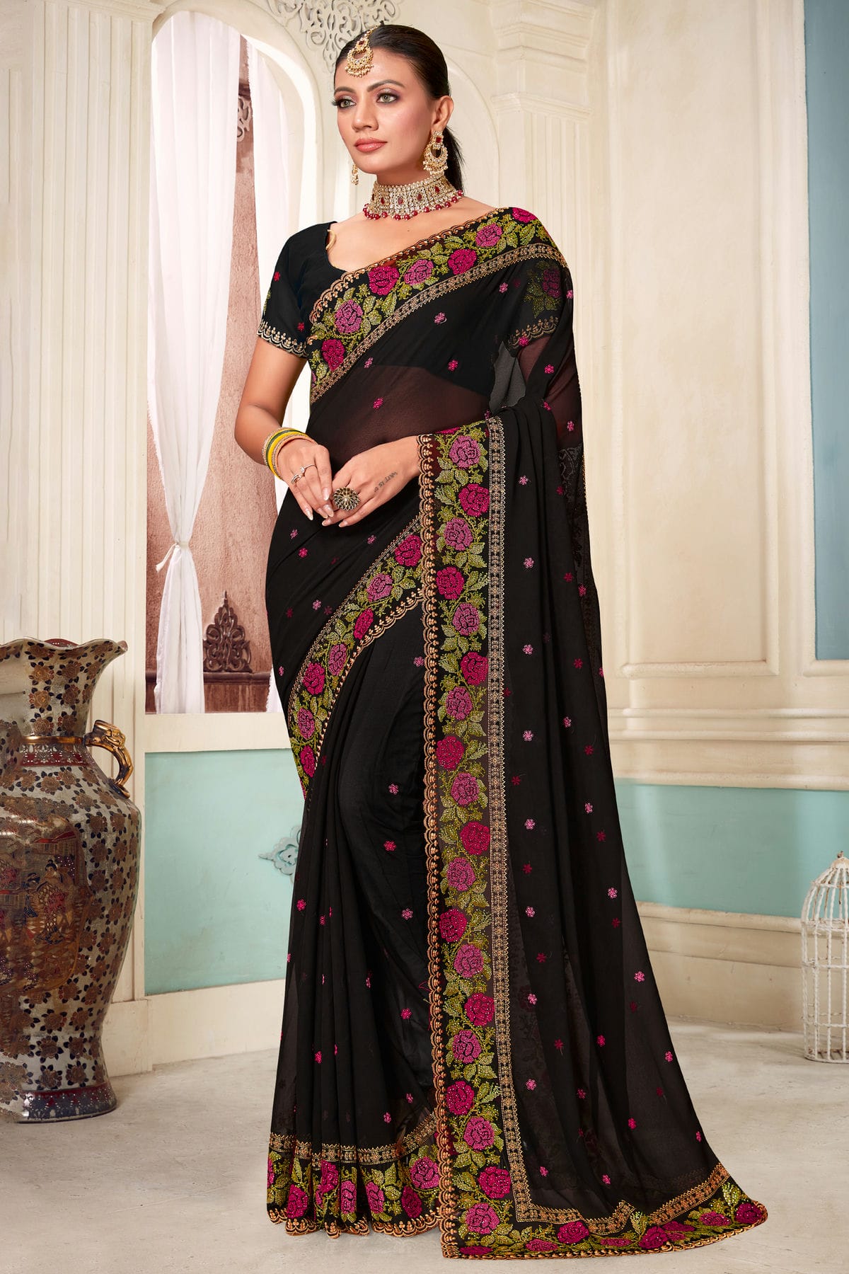 Black Colour Georgette Designer Saree