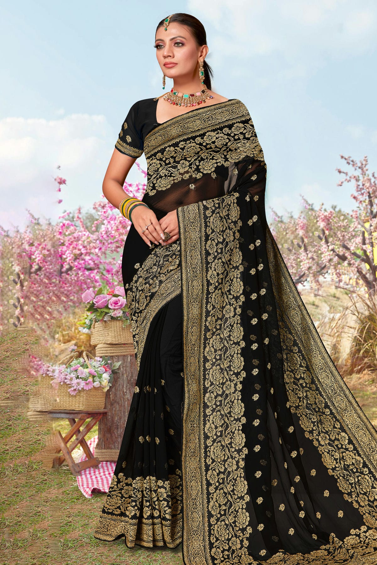 Black Colour Georgette Designer Saree