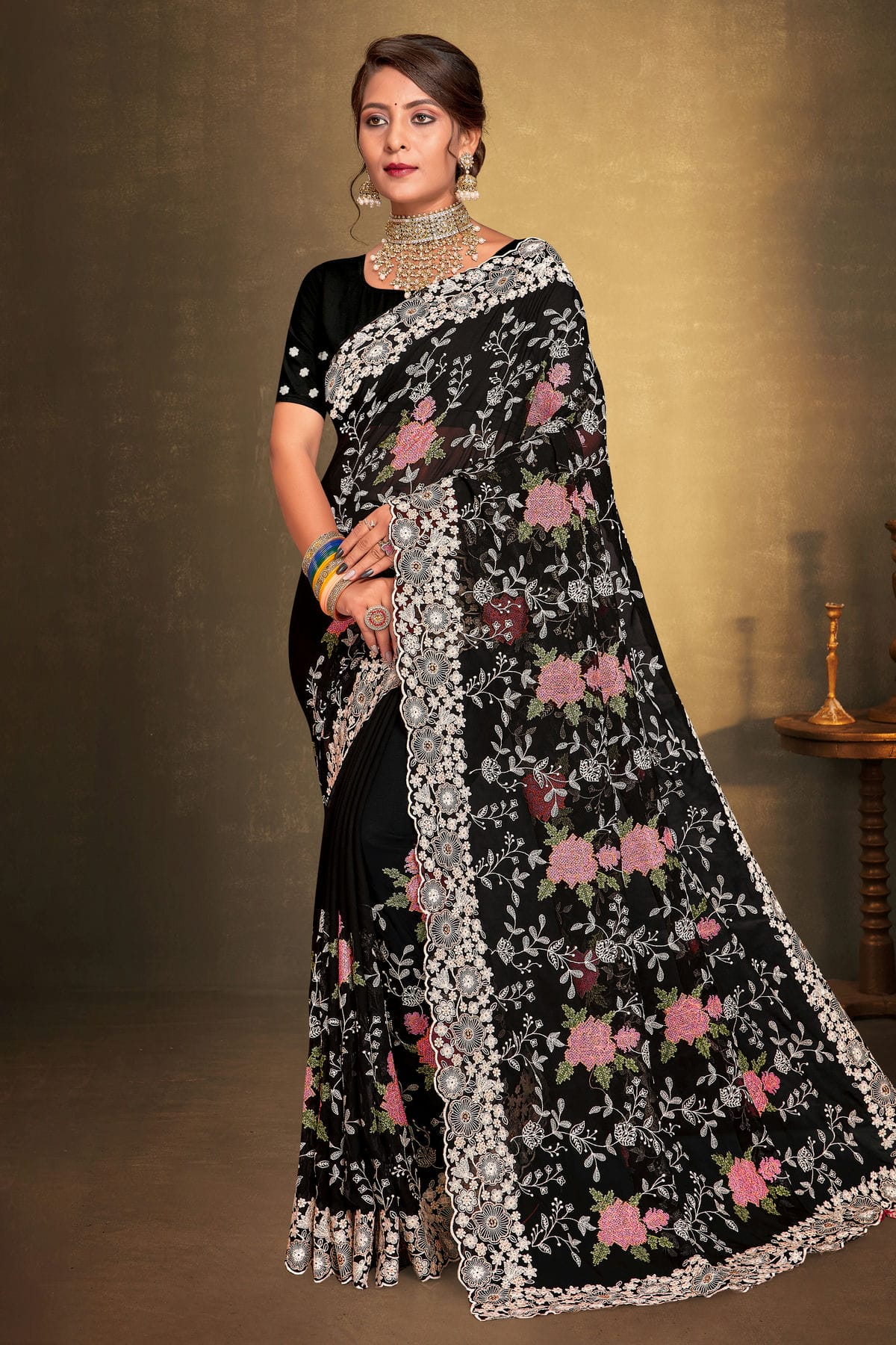 Black Colour Georgette Designer Saree