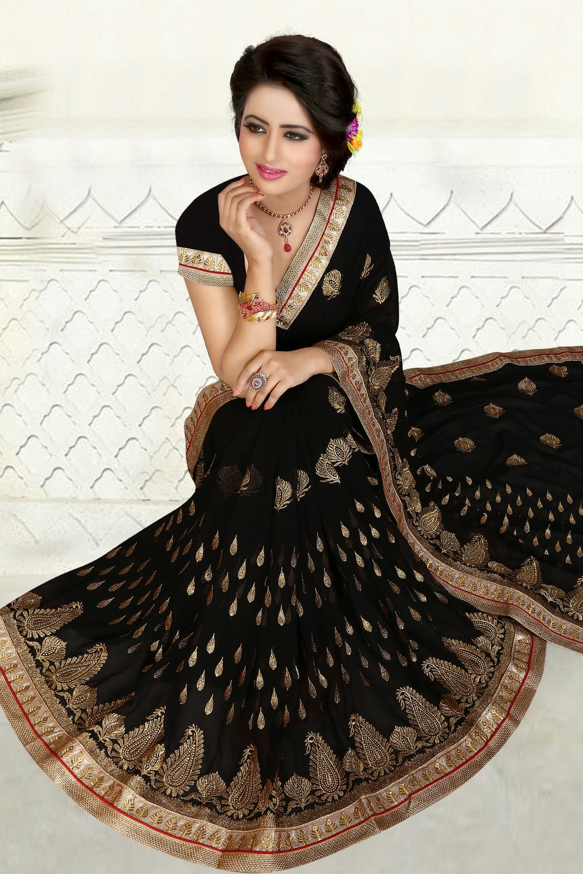 Black Colour Georgette Designer Saree