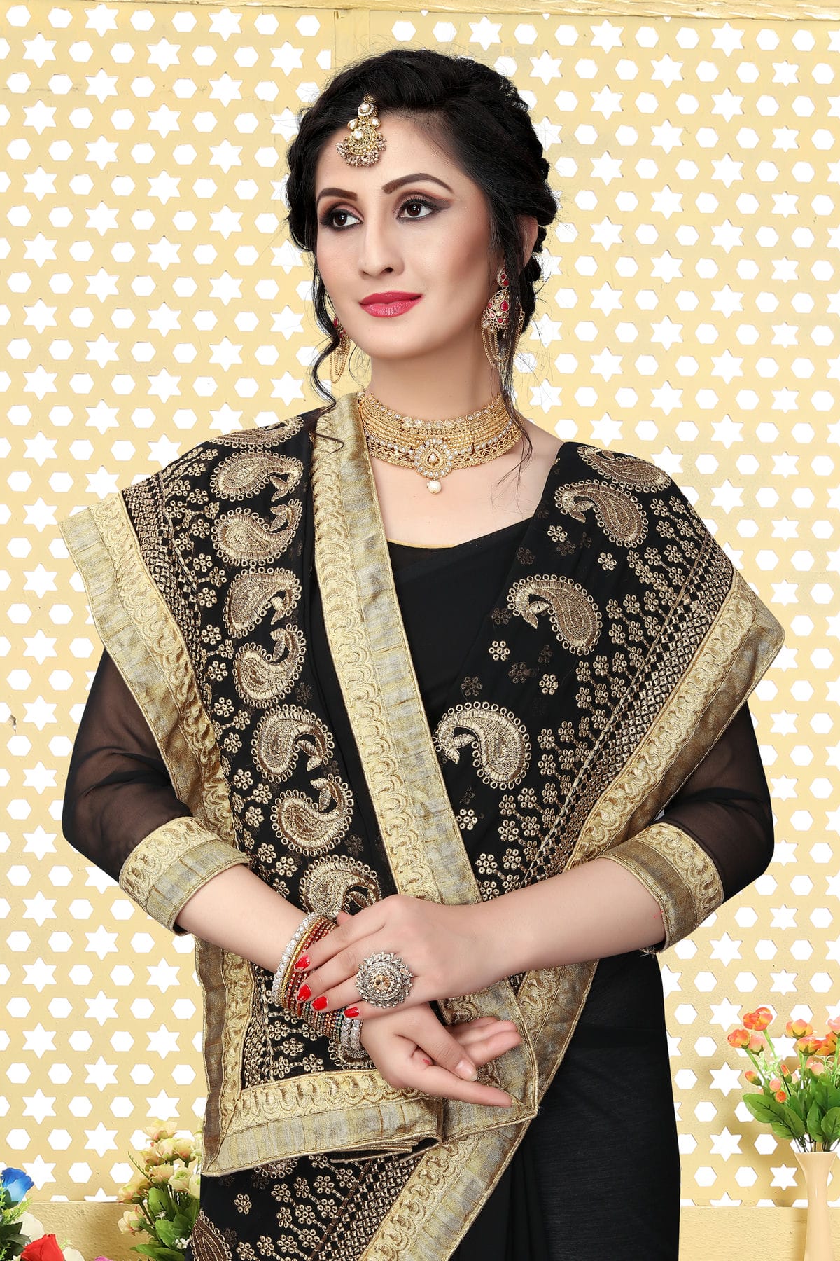 Black Colour Georgette Designer Saree