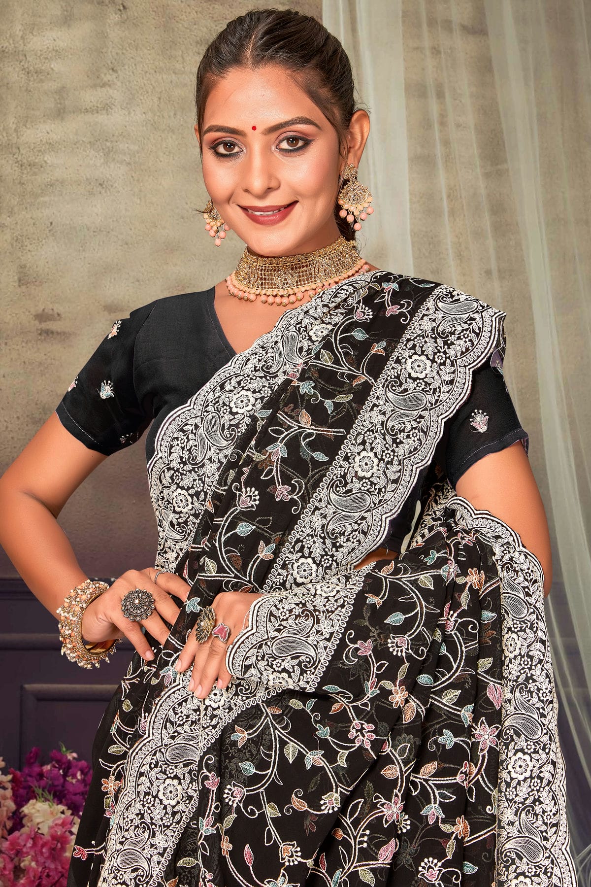 Black Colour Georgette Designer Saree