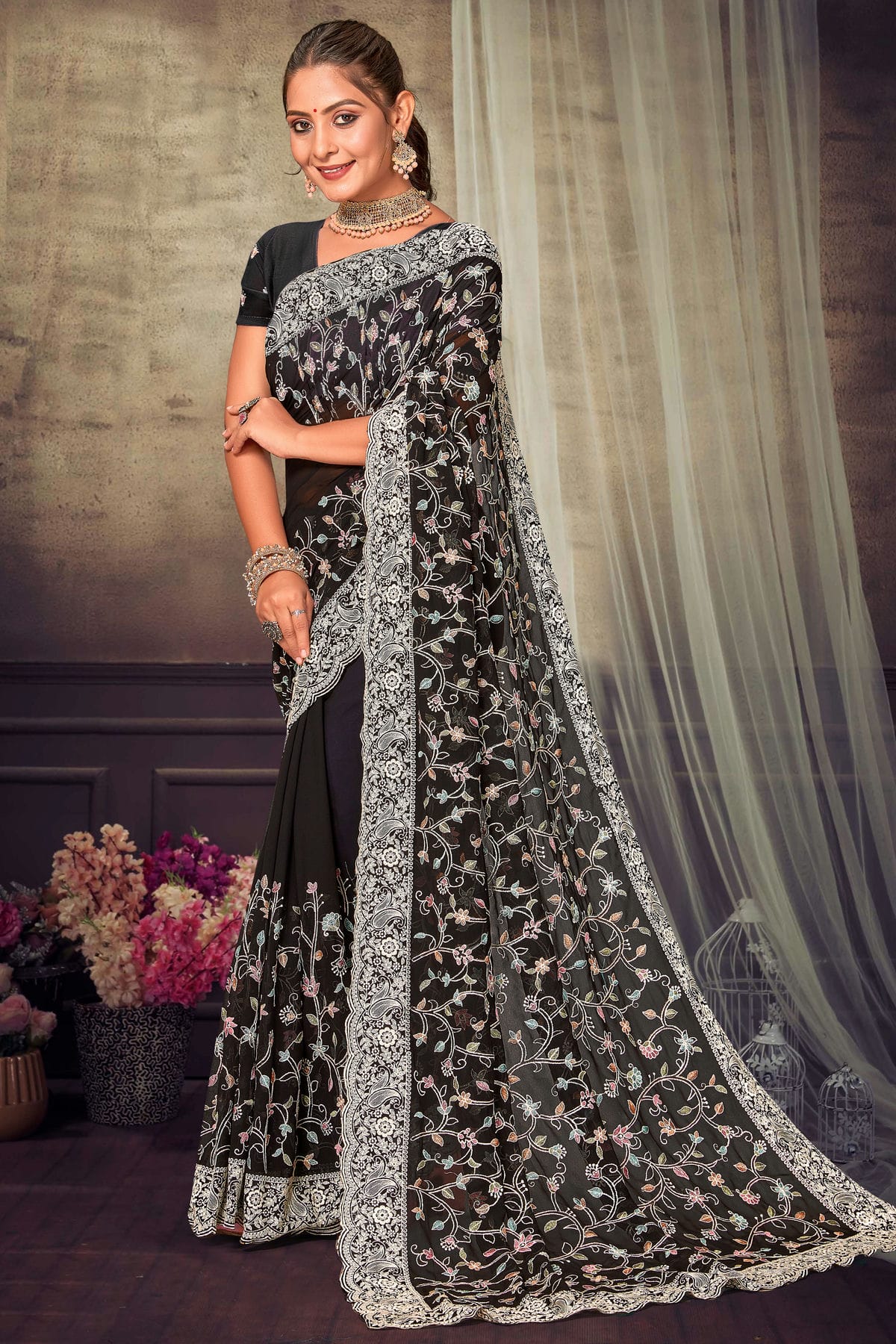 Black Colour Georgette Designer Saree