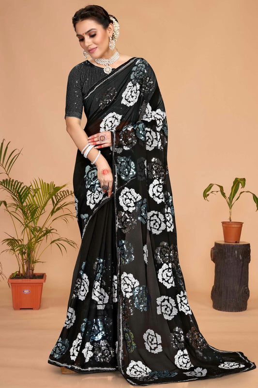 Black Colour Georgette Designer Saree