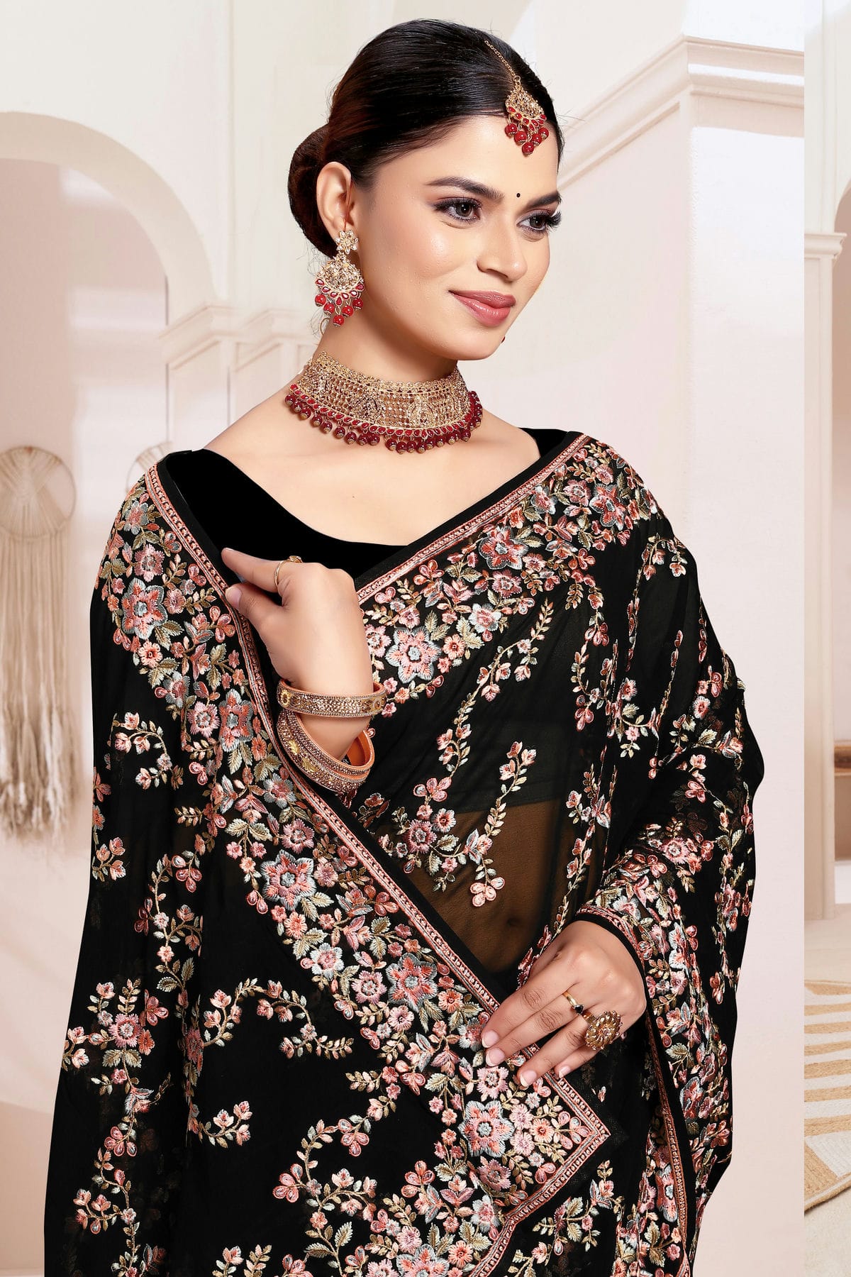 Black Colour Georgette Designer Saree