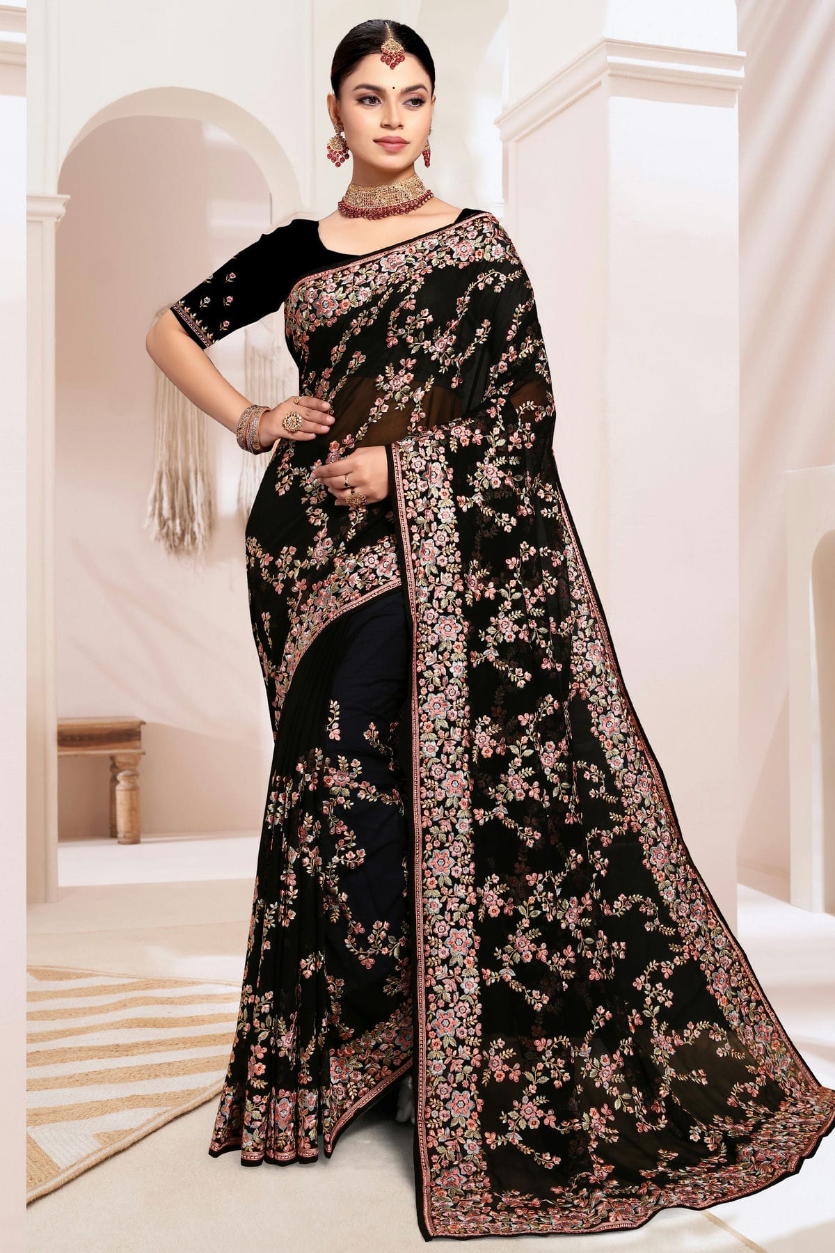 Black Colour Georgette Designer Saree