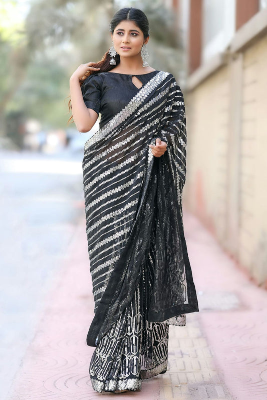 Black Colour Georgette Designer Saree