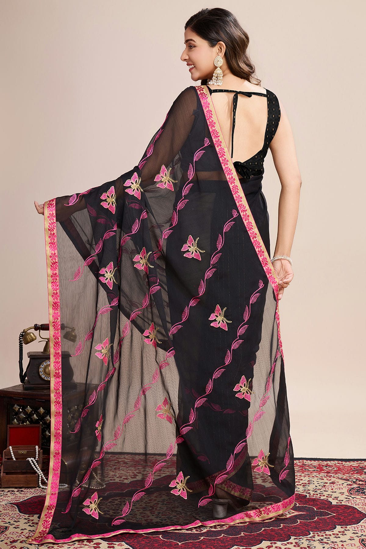 Black Colour Georgette Designer Saree