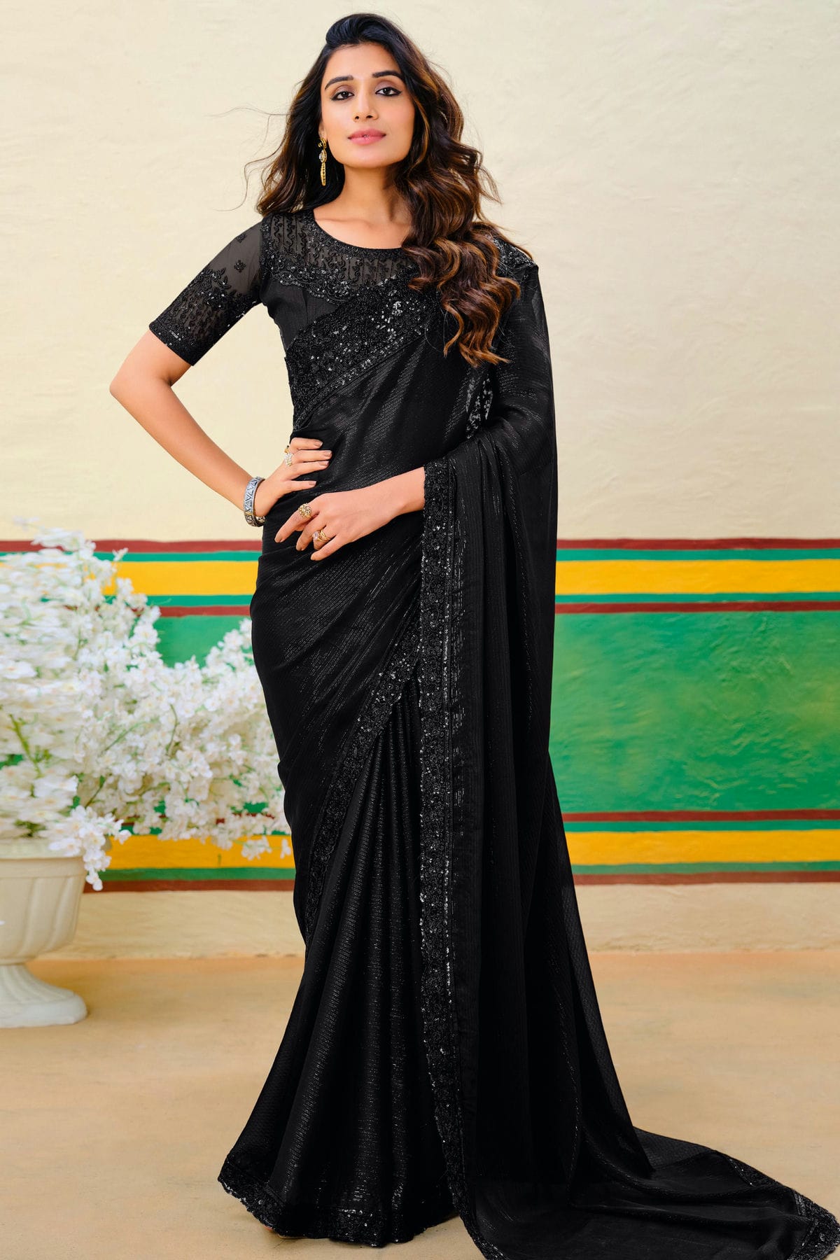 Black Colour Georgette Designer Saree