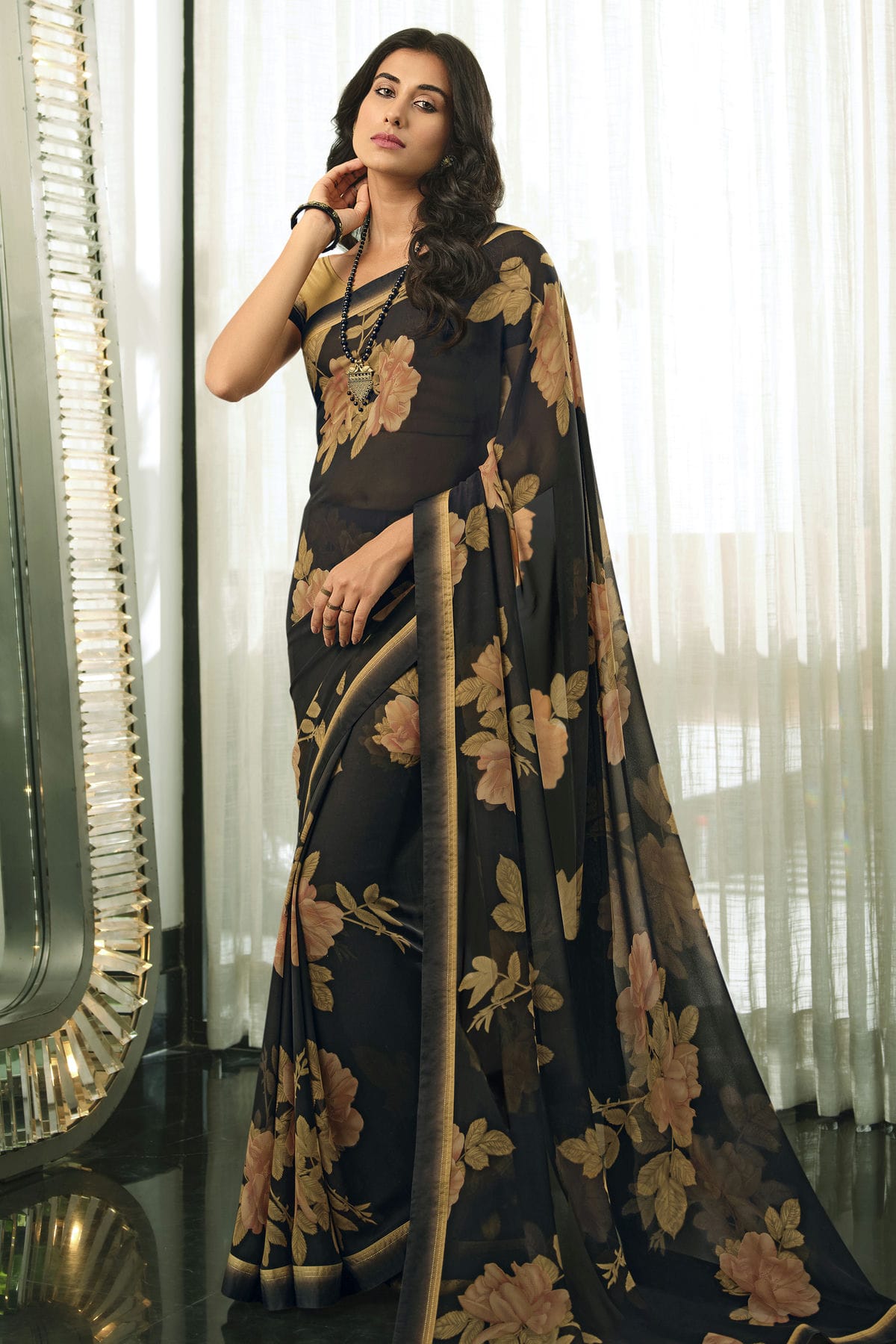 Black Colour Georgette Printed Saree