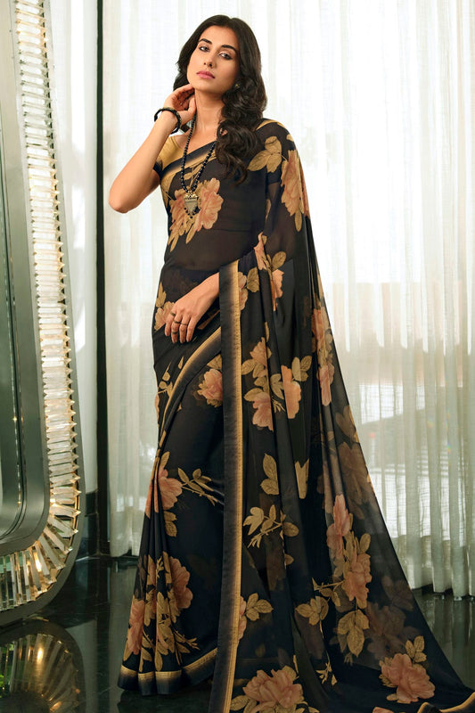 Black Colour Georgette Printed Saree