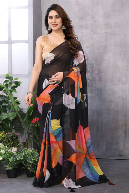 Black Colour Georgette Ready To Wear Saree