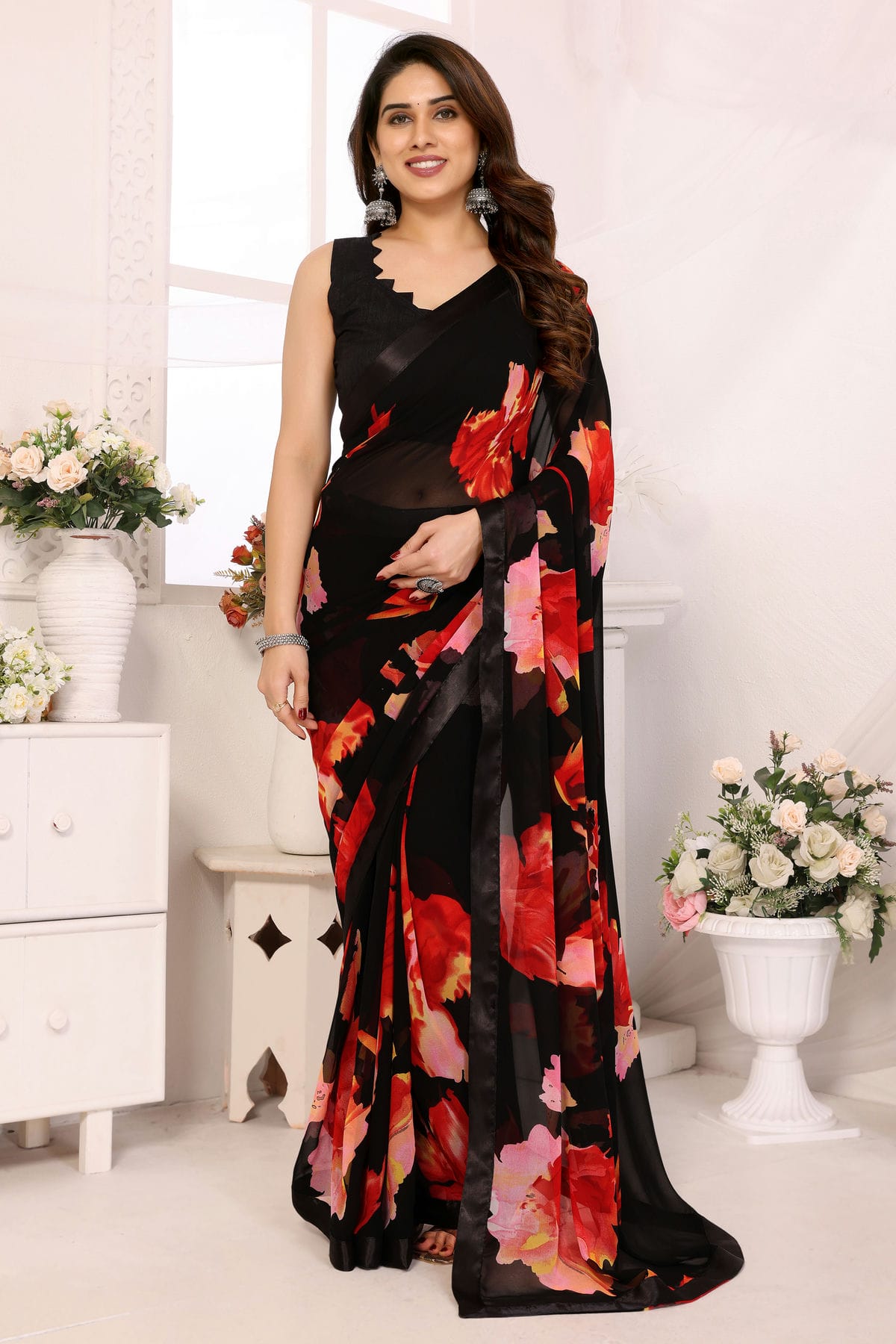 Black Colour Georgette Ready To Wear Saree