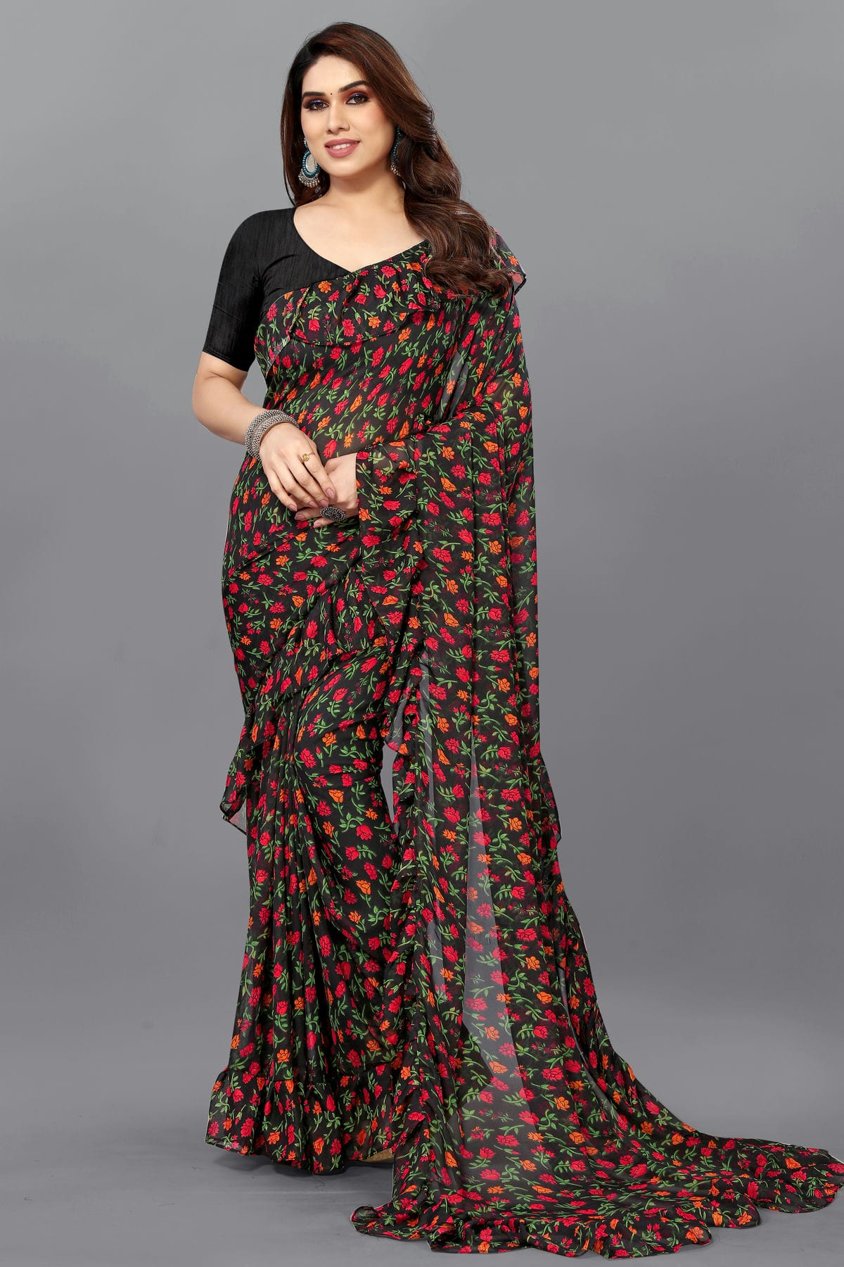 Black Colour Georgette Ruffle Saree