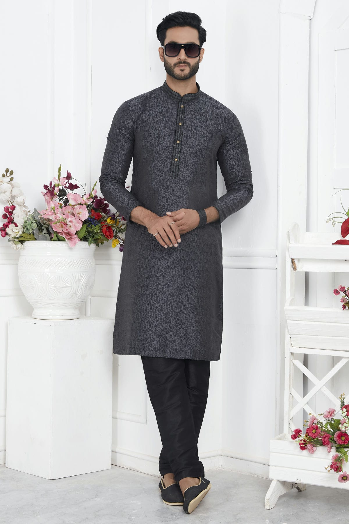 Black Colour Jacquard Silk Brocade Kurta Pajama VSKP1230223