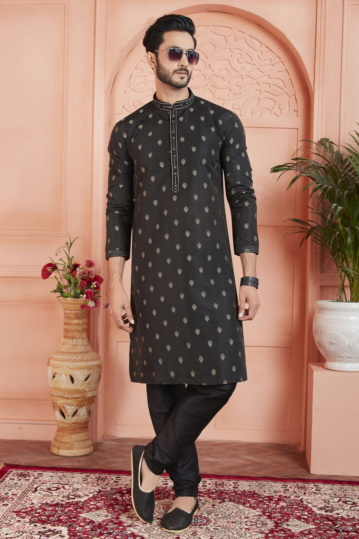 Black Colour Jacquard Silk Brocade Kurta Pajama VSKP1230241