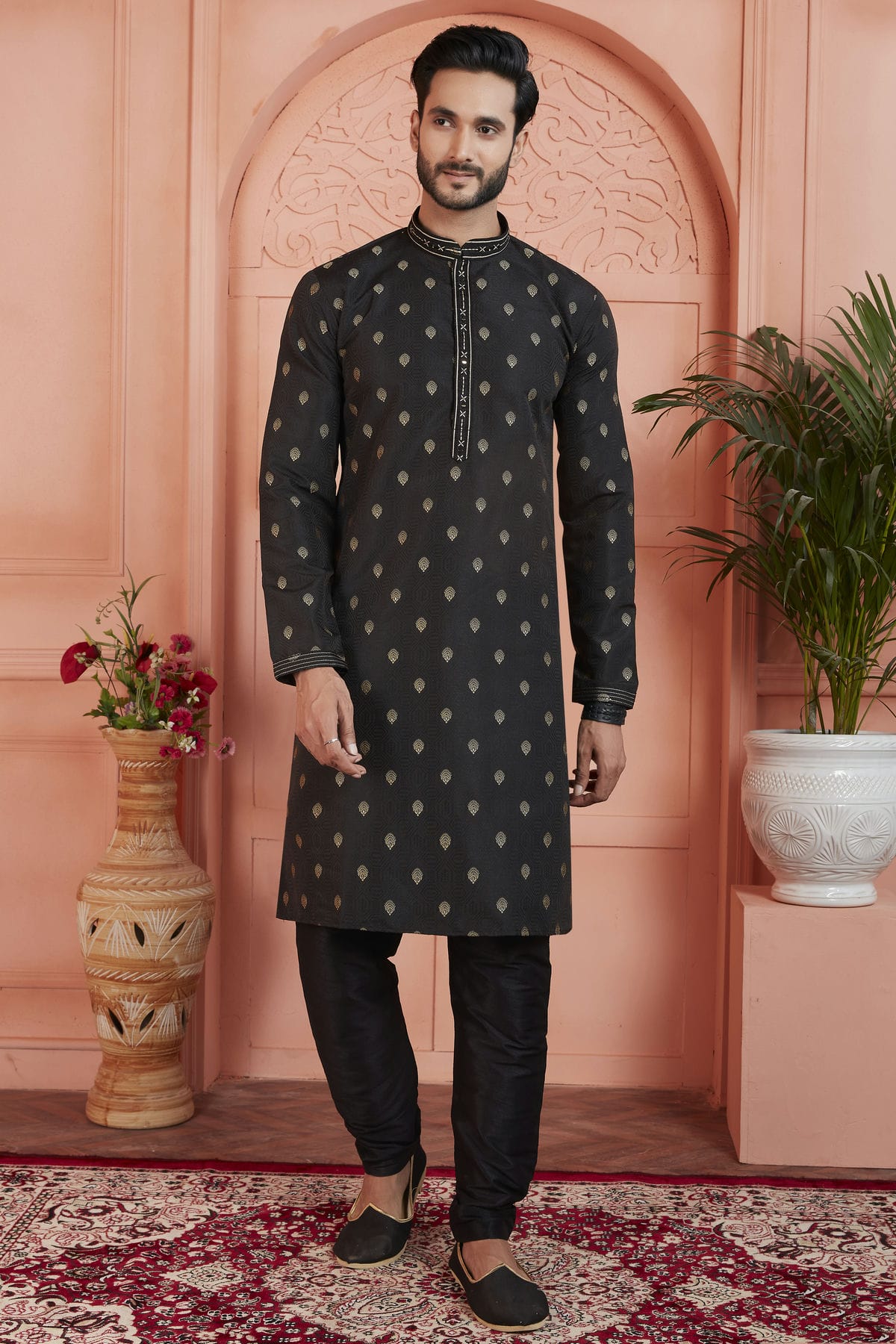 Black Colour Jacquard Silk Brocade Kurta Pajama