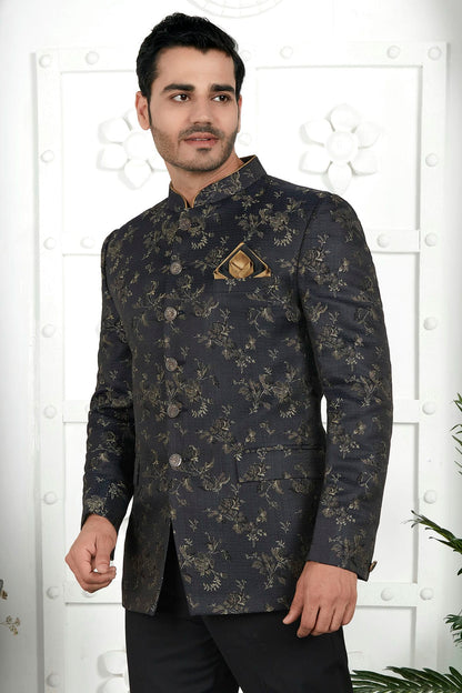 Black Colour Jacquard Silk Jodhpuri Jacket VSJP1230115