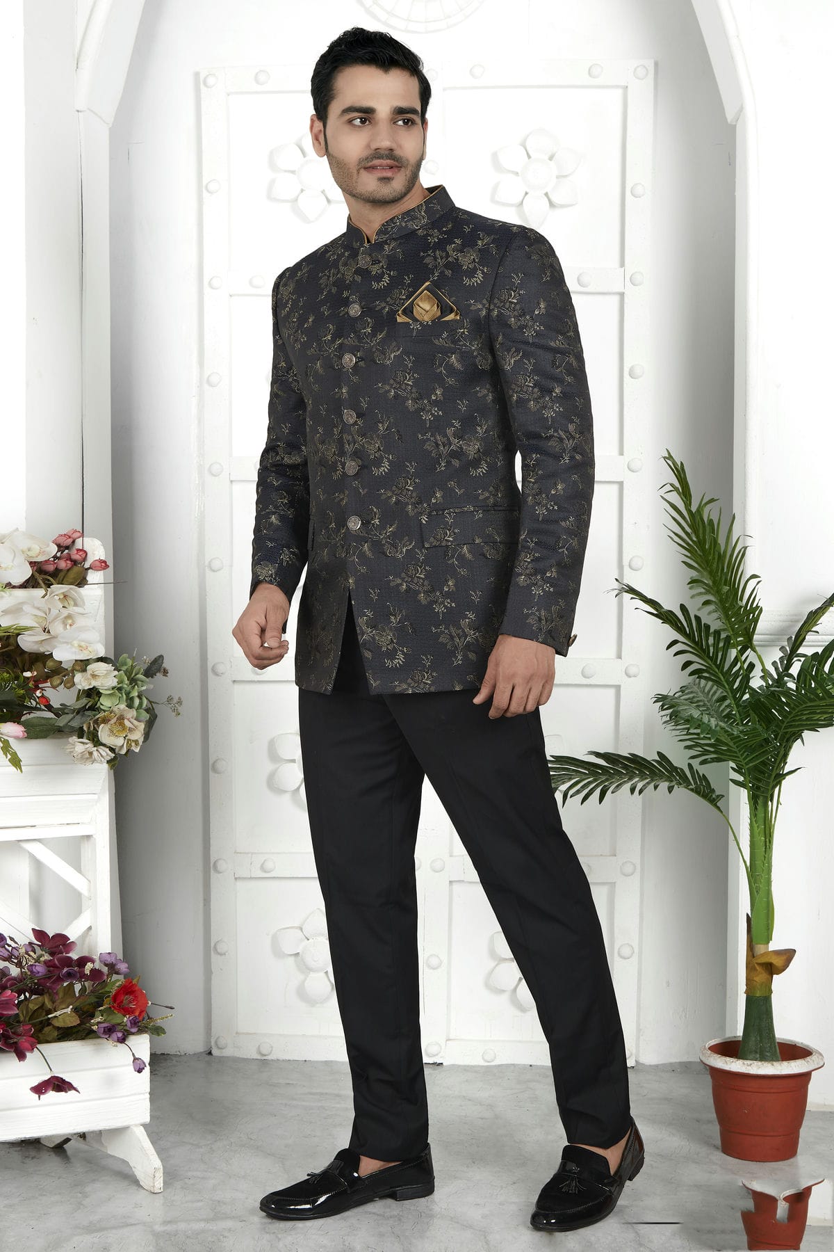 Black Colour Jacquard Silk Jodhpuri Jacket