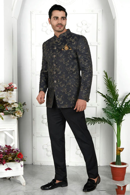 Black Colour Jacquard Silk Jodhpuri Jacket