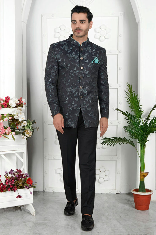 Black Colour Jacquard Silk Jodhpuri Jacket