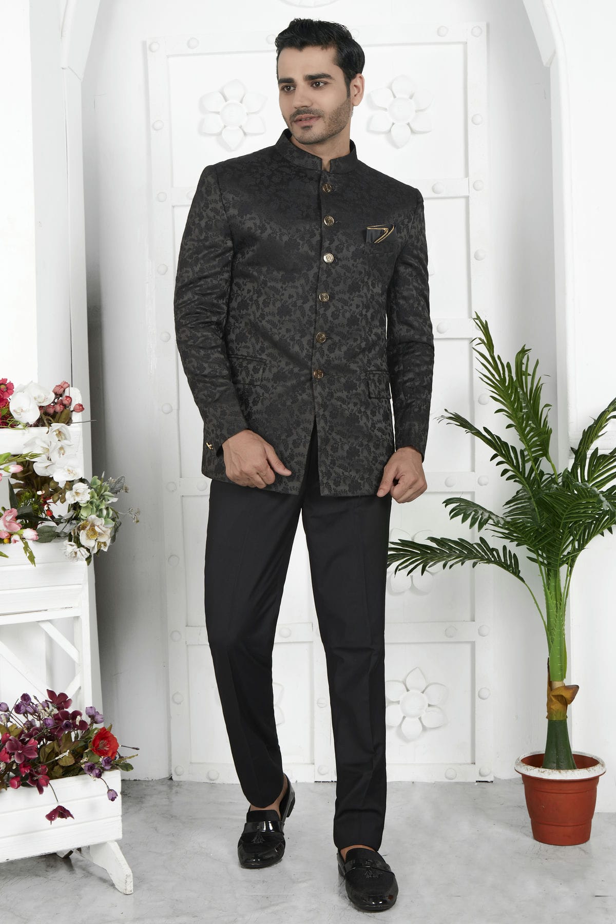 Black Colour Jacquard Silk Jodhpuri Jacket