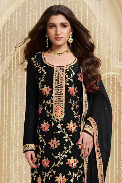 Black Colour Jacquard Viscose Straight Suit VSSM1140583