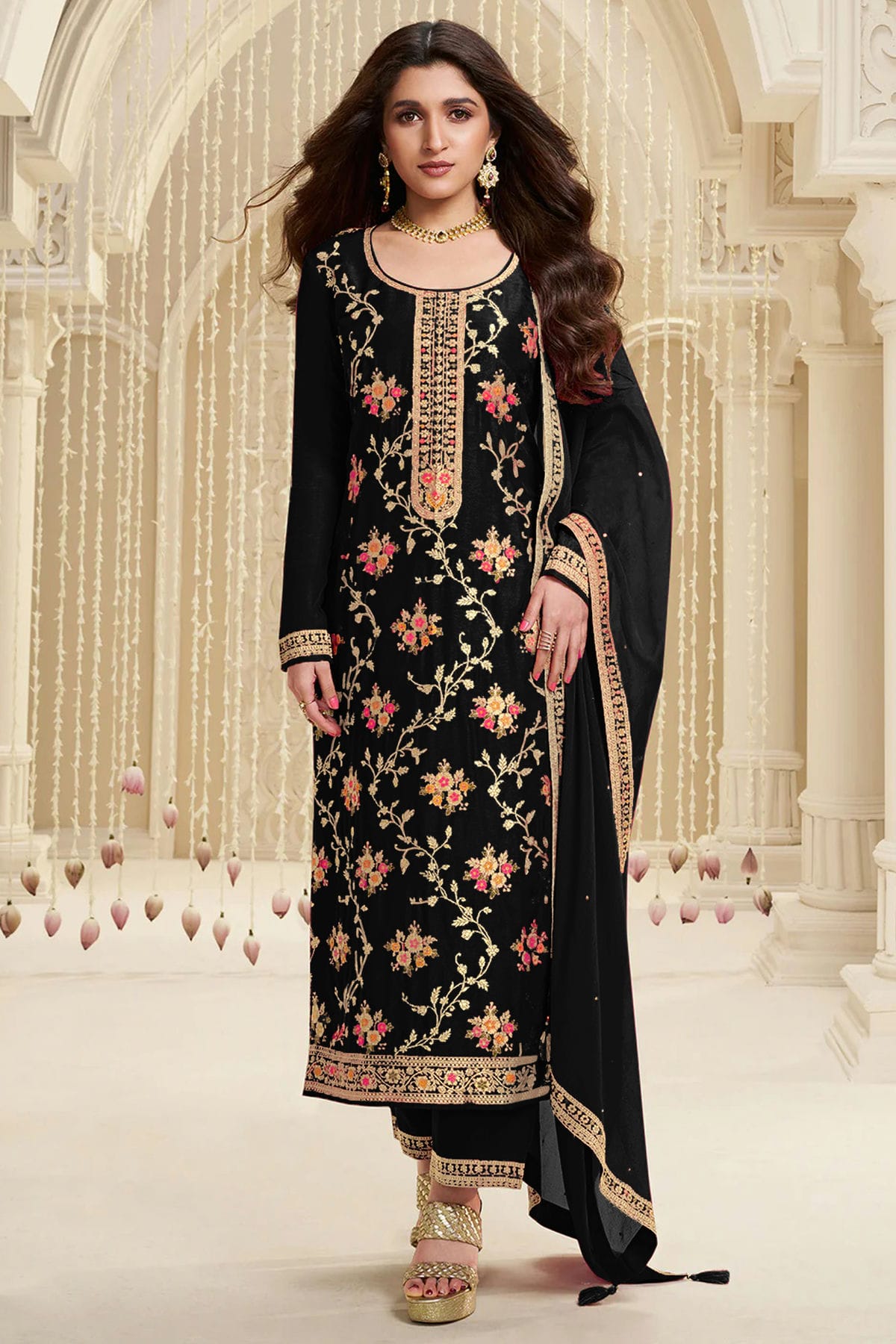 Black Colour Jacquard Viscose Straight Suit