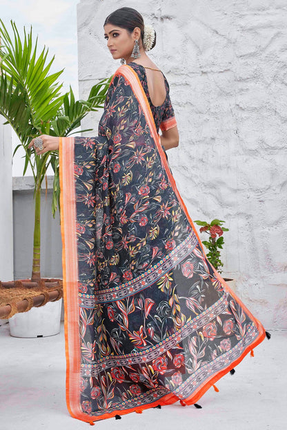 Black Colour Linen Blend Printed Saree