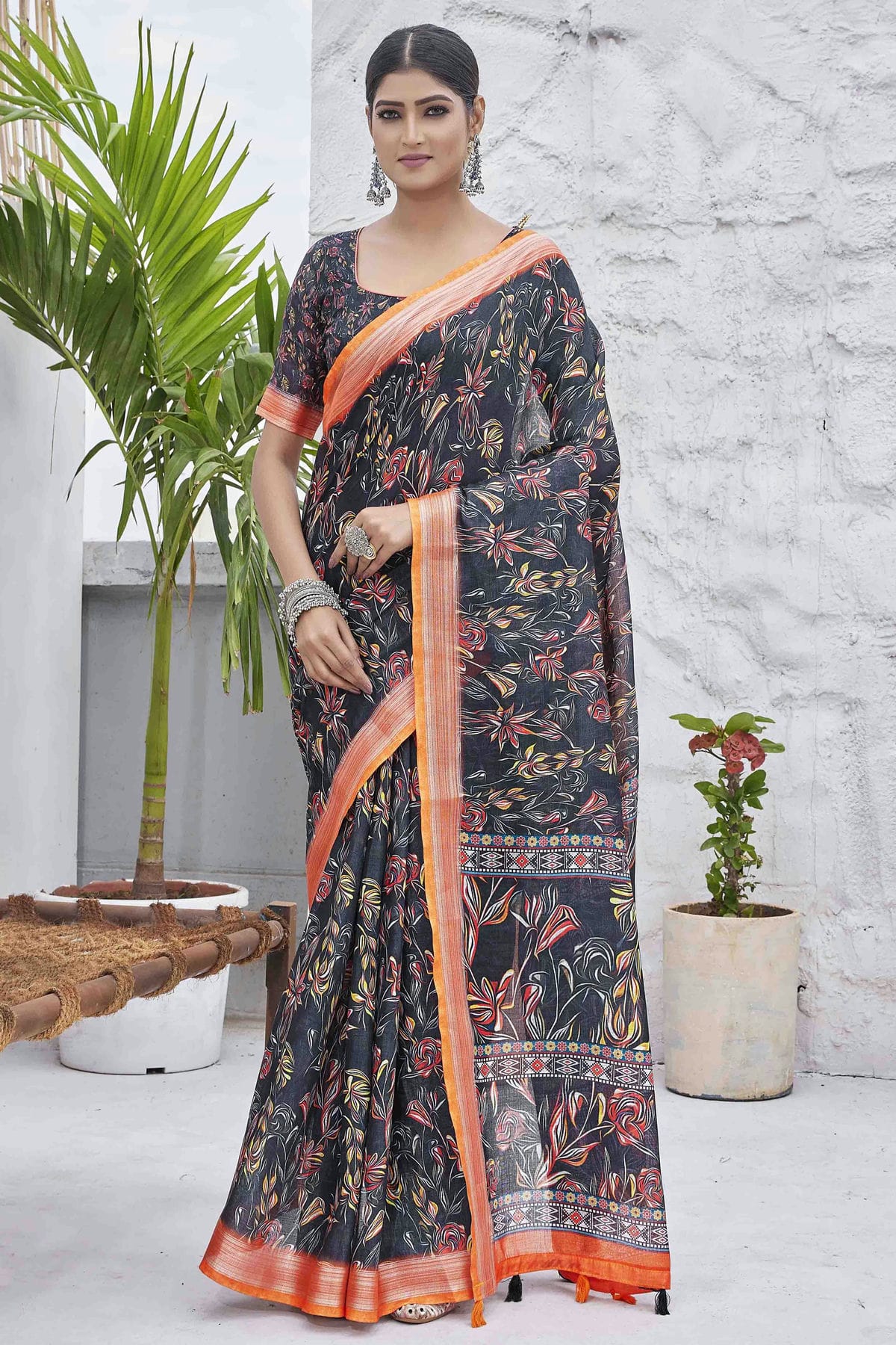 Black Colour Linen Blend Printed Saree