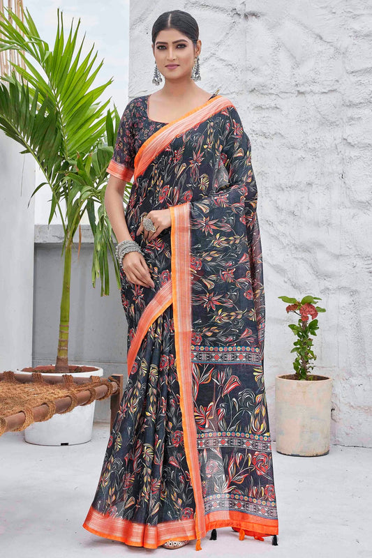 Black Colour Linen Blend Printed Saree