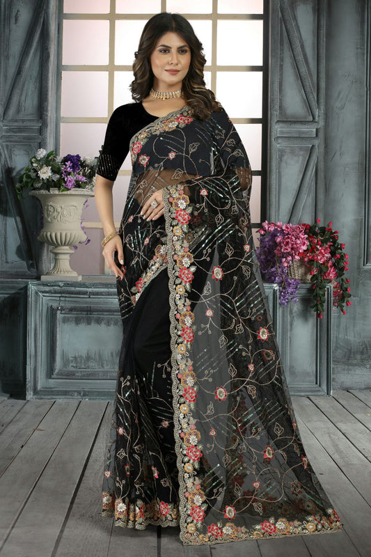 Black Colour Net Designer Saree