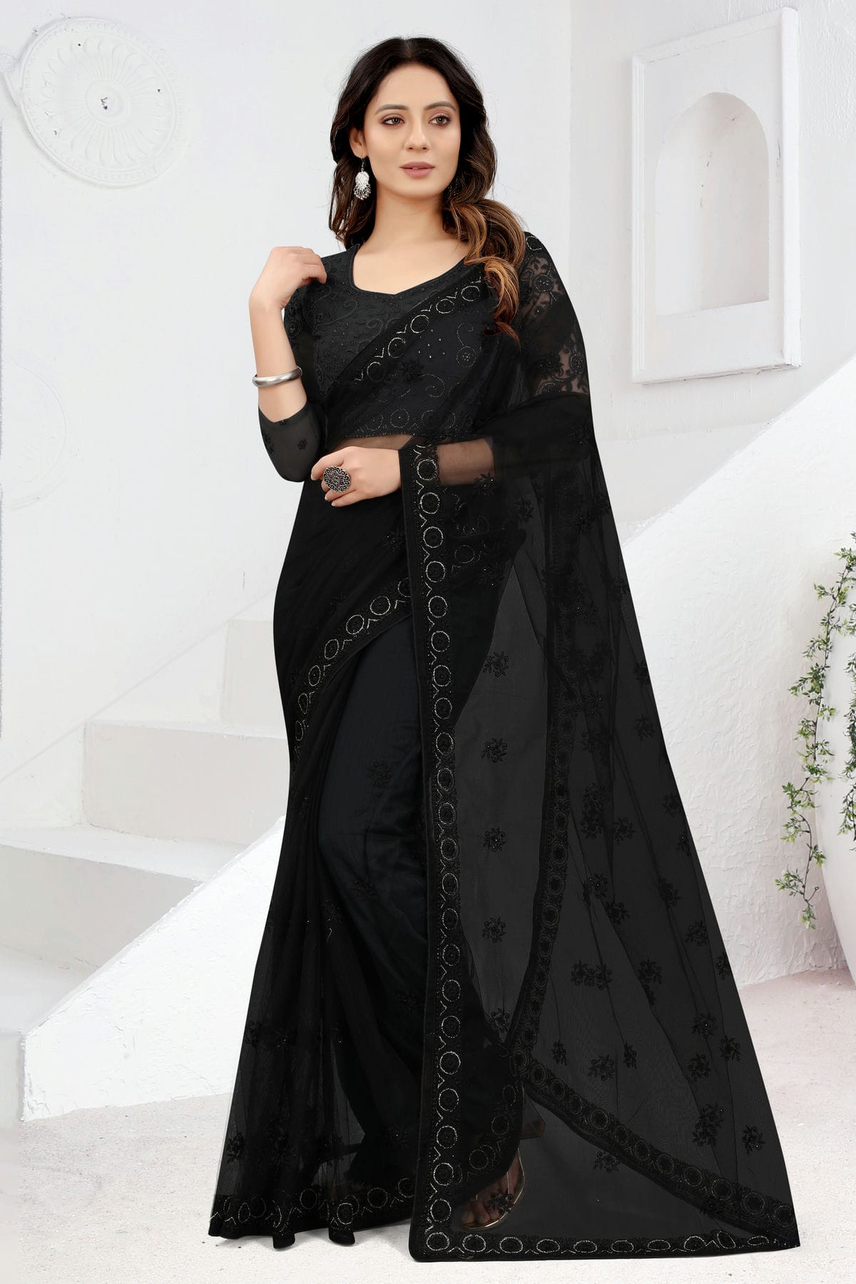 Black Colour Net Designer Saree