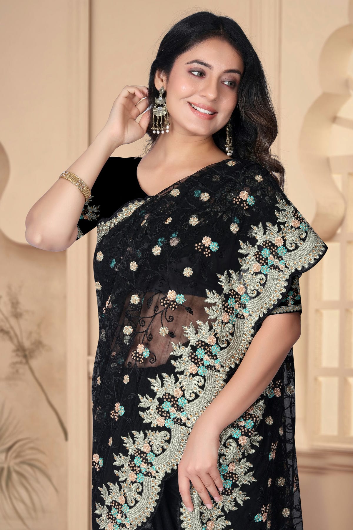 Black Colour Net Designer Saree