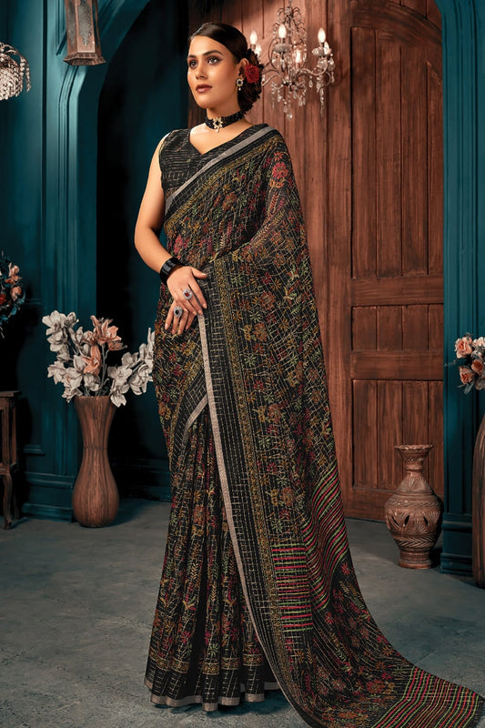 Black Colour Printed Work Cotton Saree