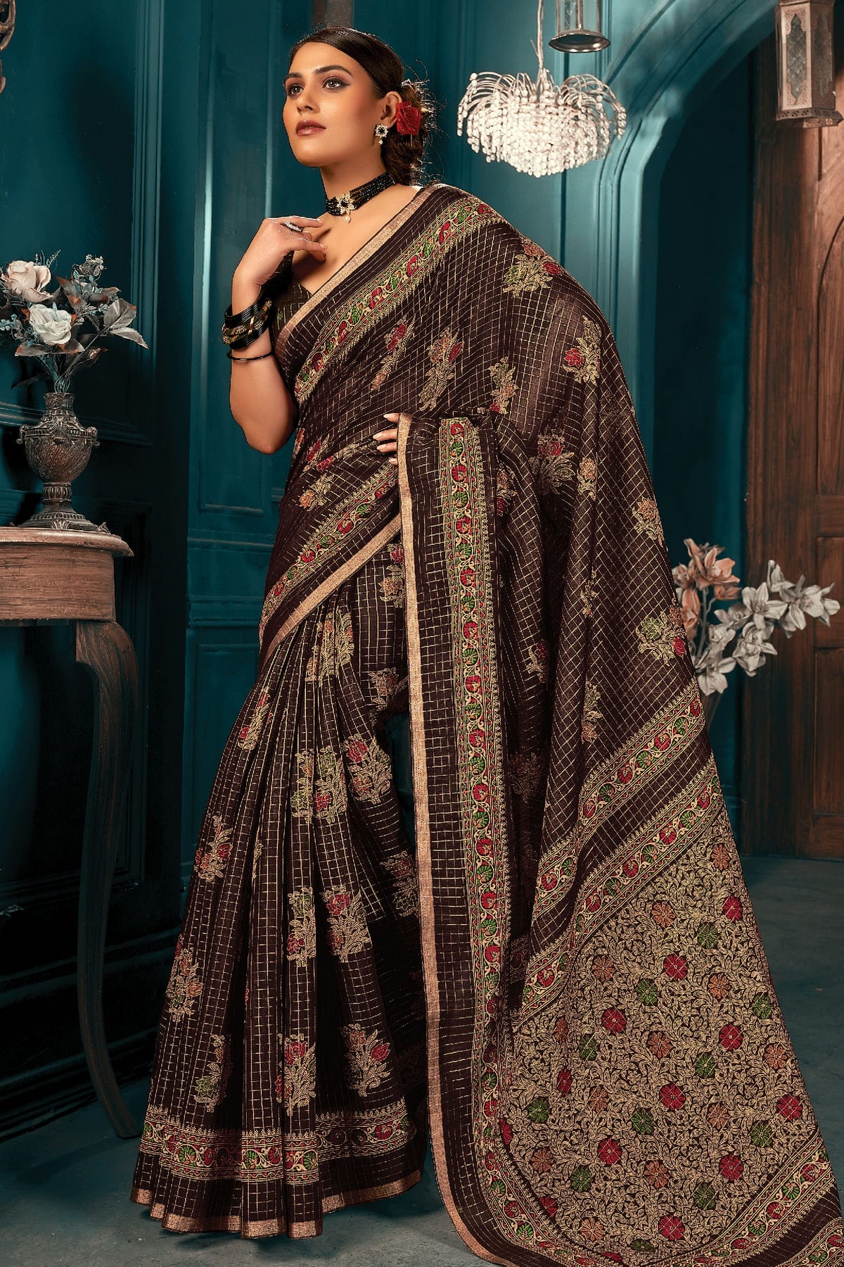 Black Colour Printed Work Cotton Saree