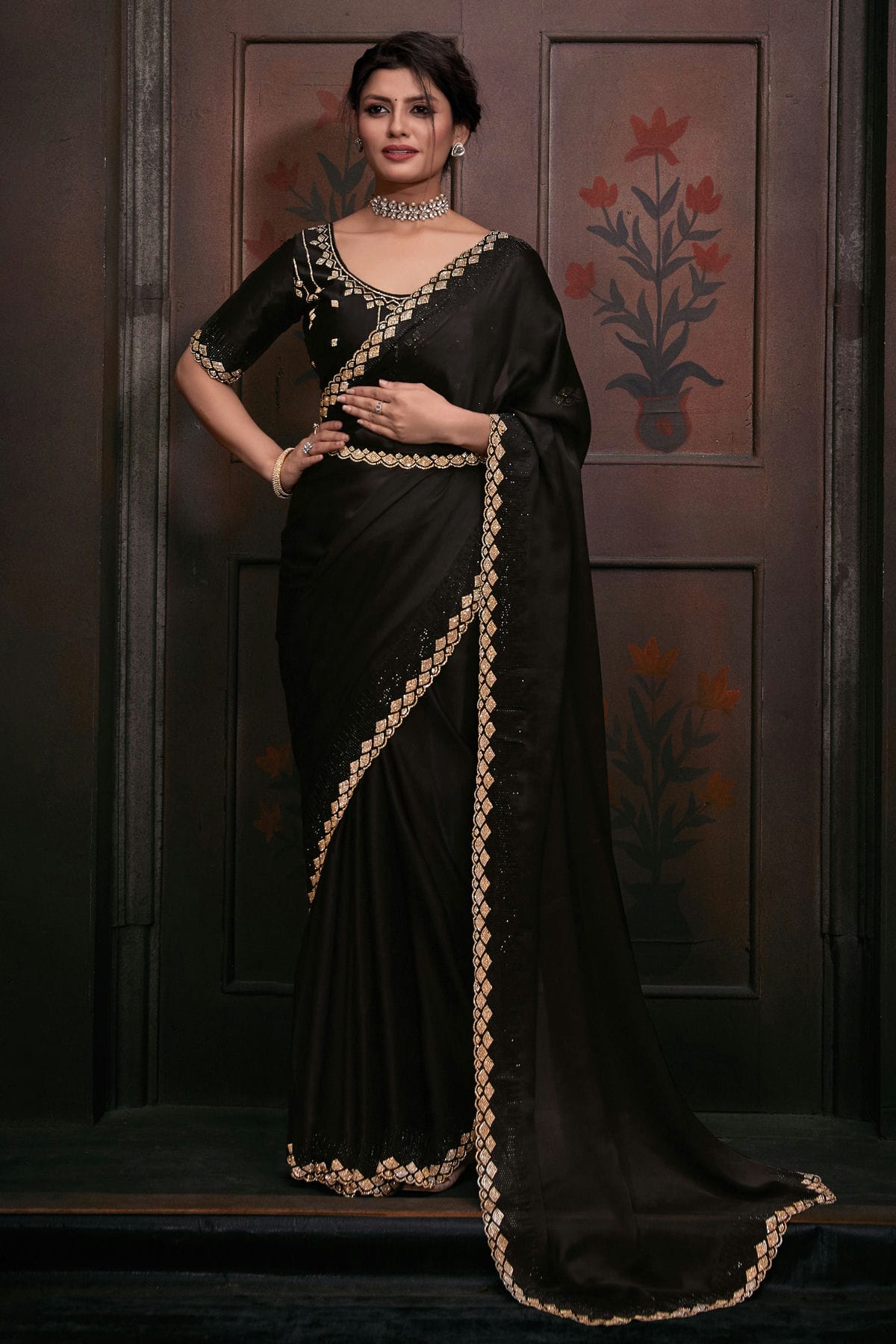 Black Colour Pure Satin Designer Saree