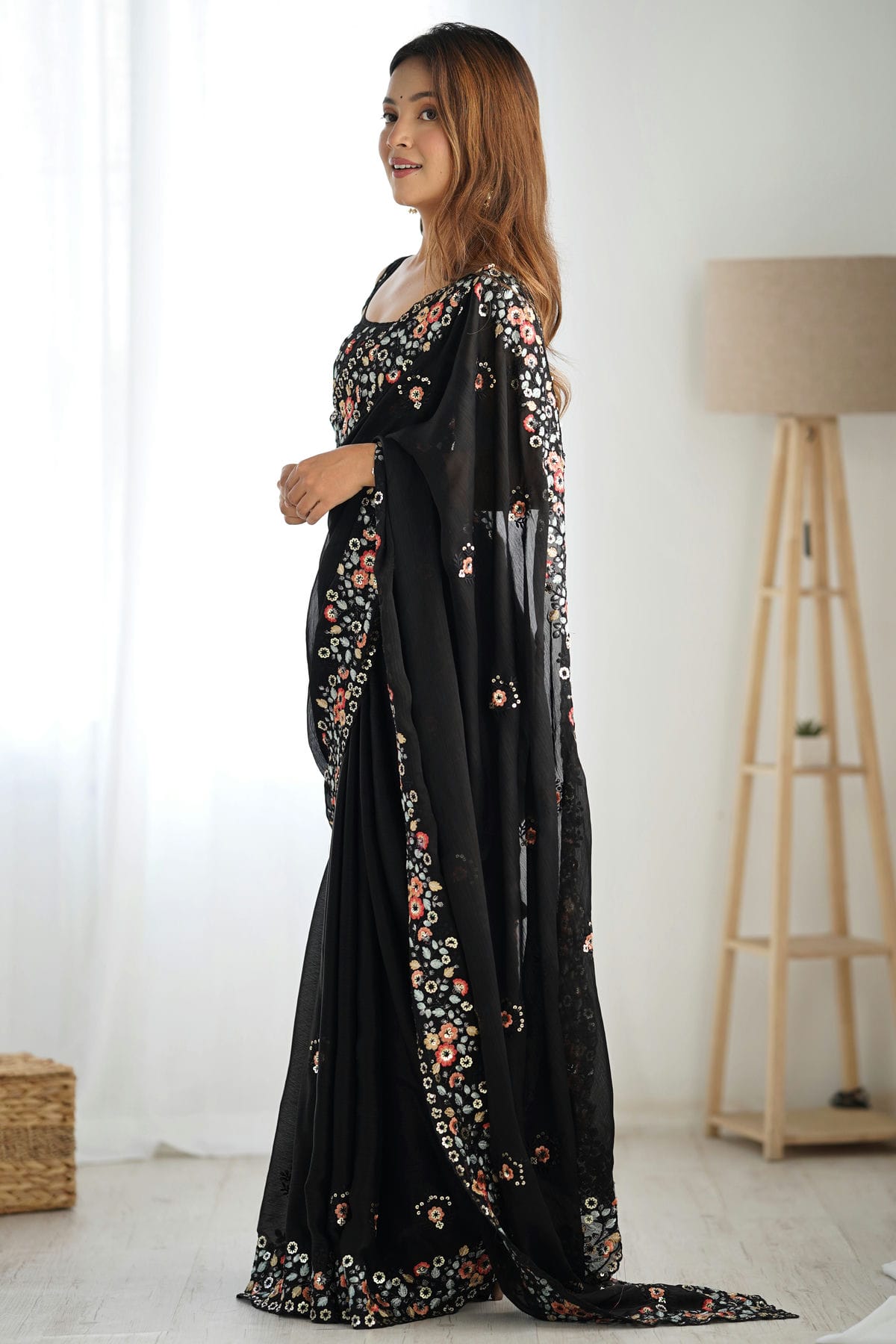 Black Colour Satin Chiffon Designer Saree