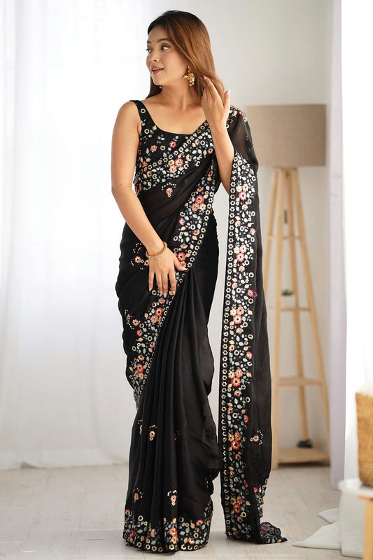 Black Colour Satin Chiffon Designer Saree