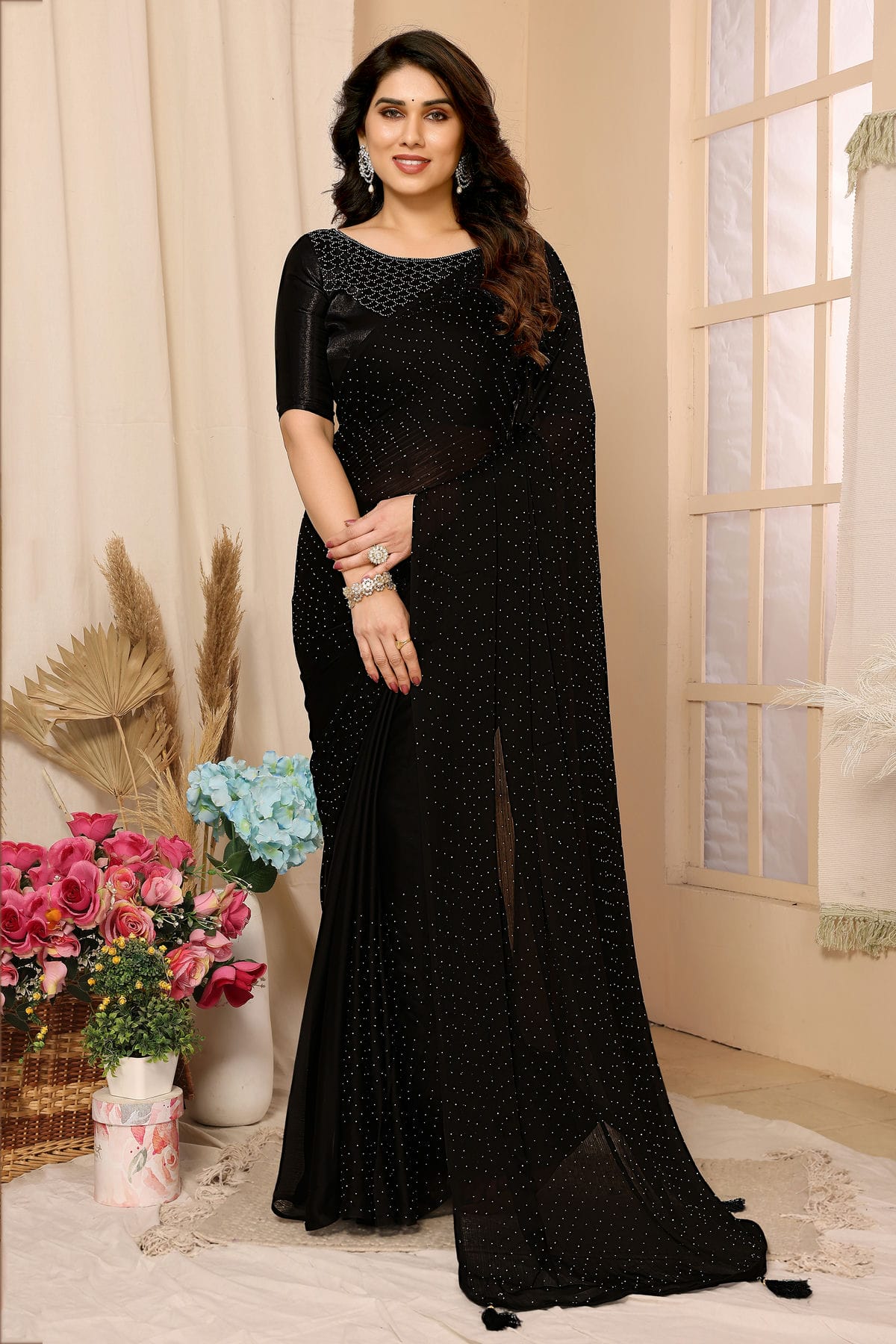 Black Colour Satin Chiffon Stone Work Saree