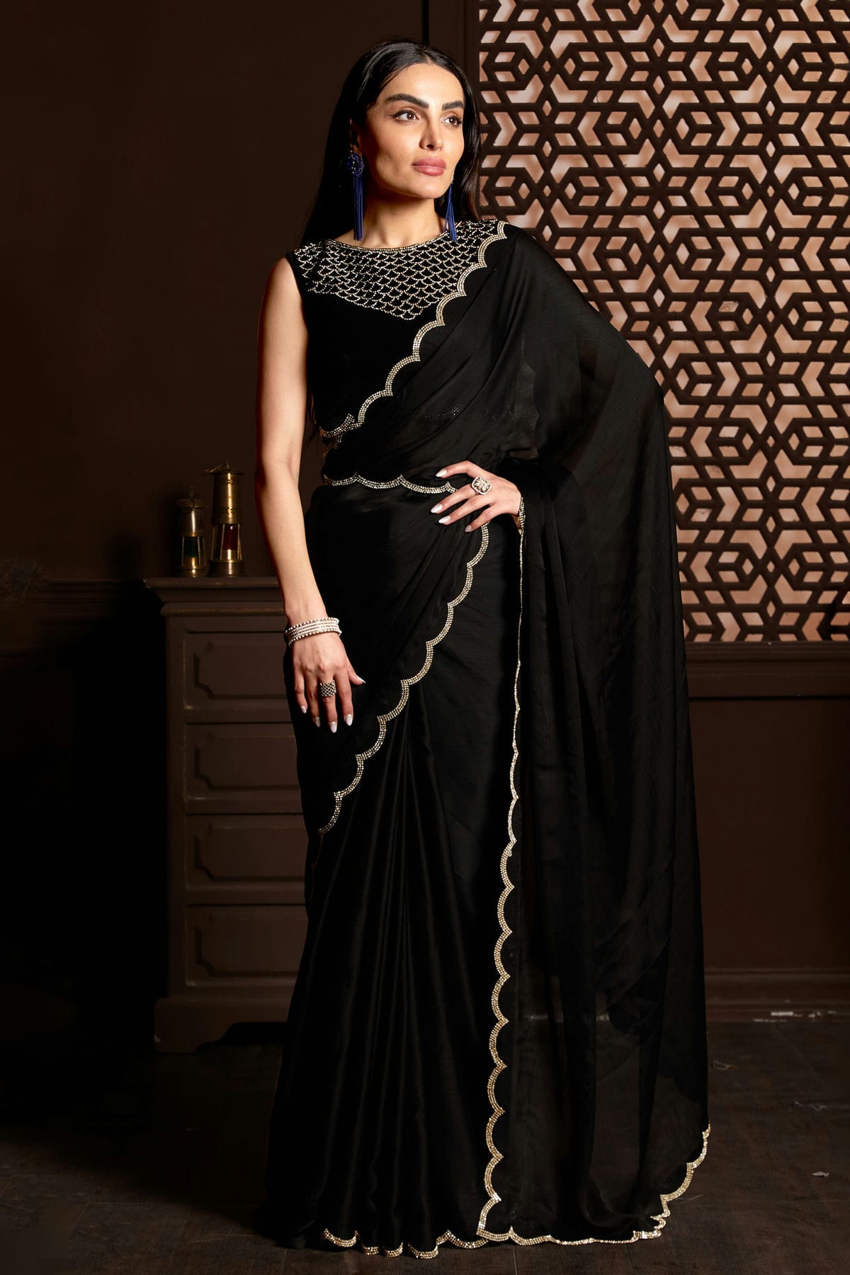 Black Colour Satin Silk Chiffon Designer Saree