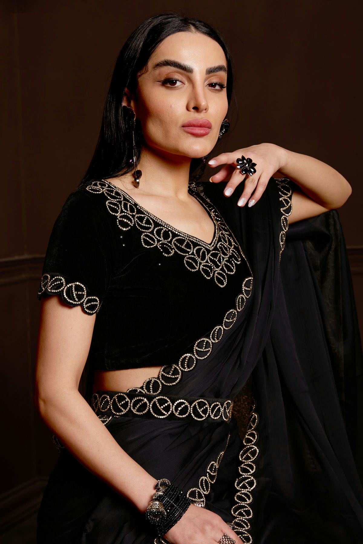 Black Colour Satin Silk Chiffon Designer Saree