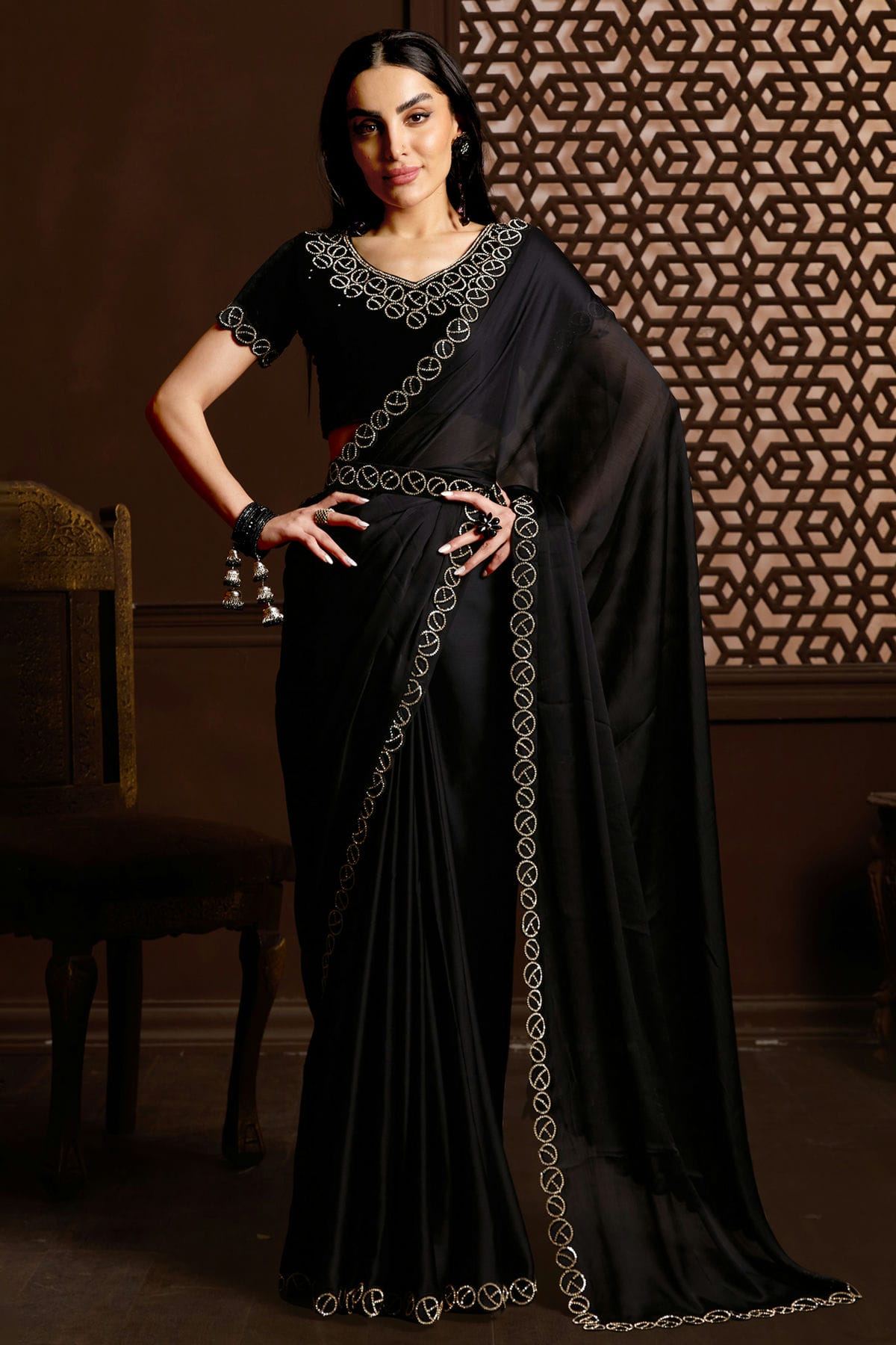 Black Colour Satin Silk Chiffon Designer Saree