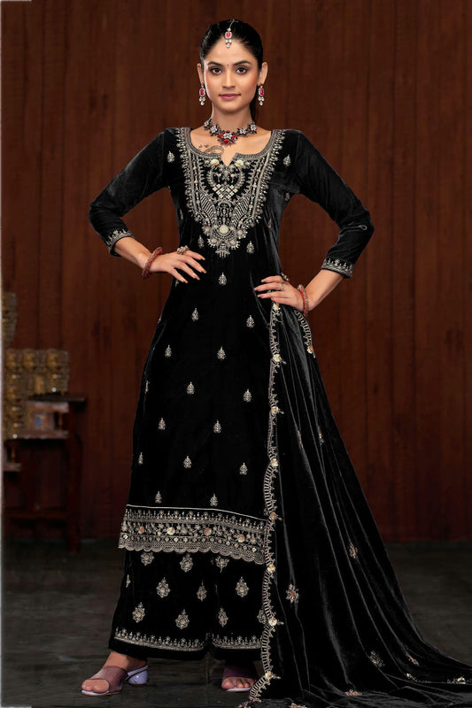 Black Colour Semi Stitched 9000 Velvet Palazzo Pant Suit