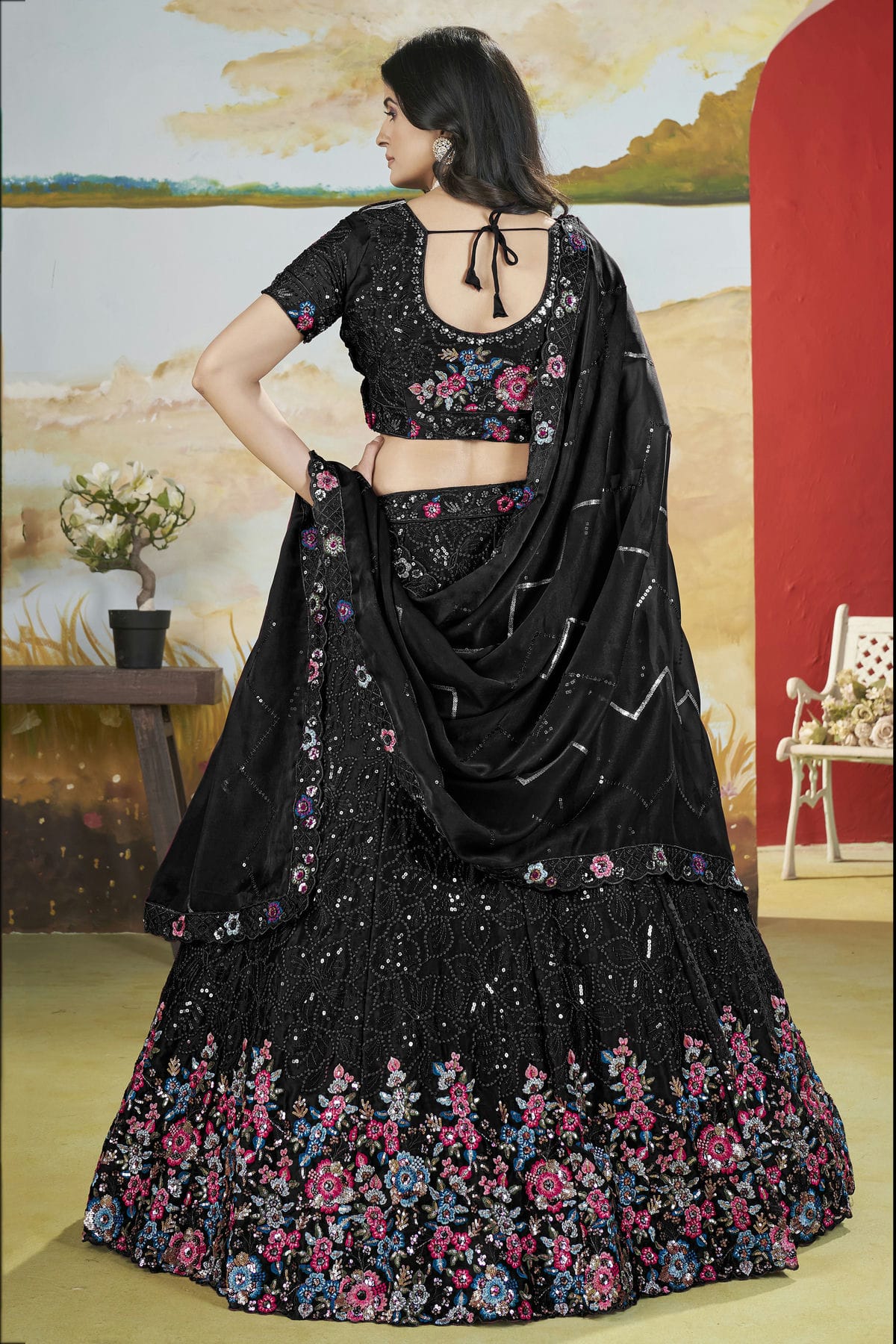 Black Colour Semi Stitched Chinon Lehenga Choli VSLC1112521