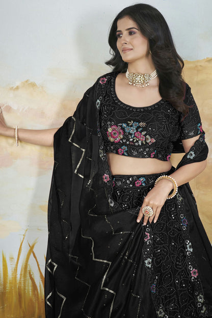 Black Colour Semi Stitched Chinon Lehenga Choli VSLC1112521