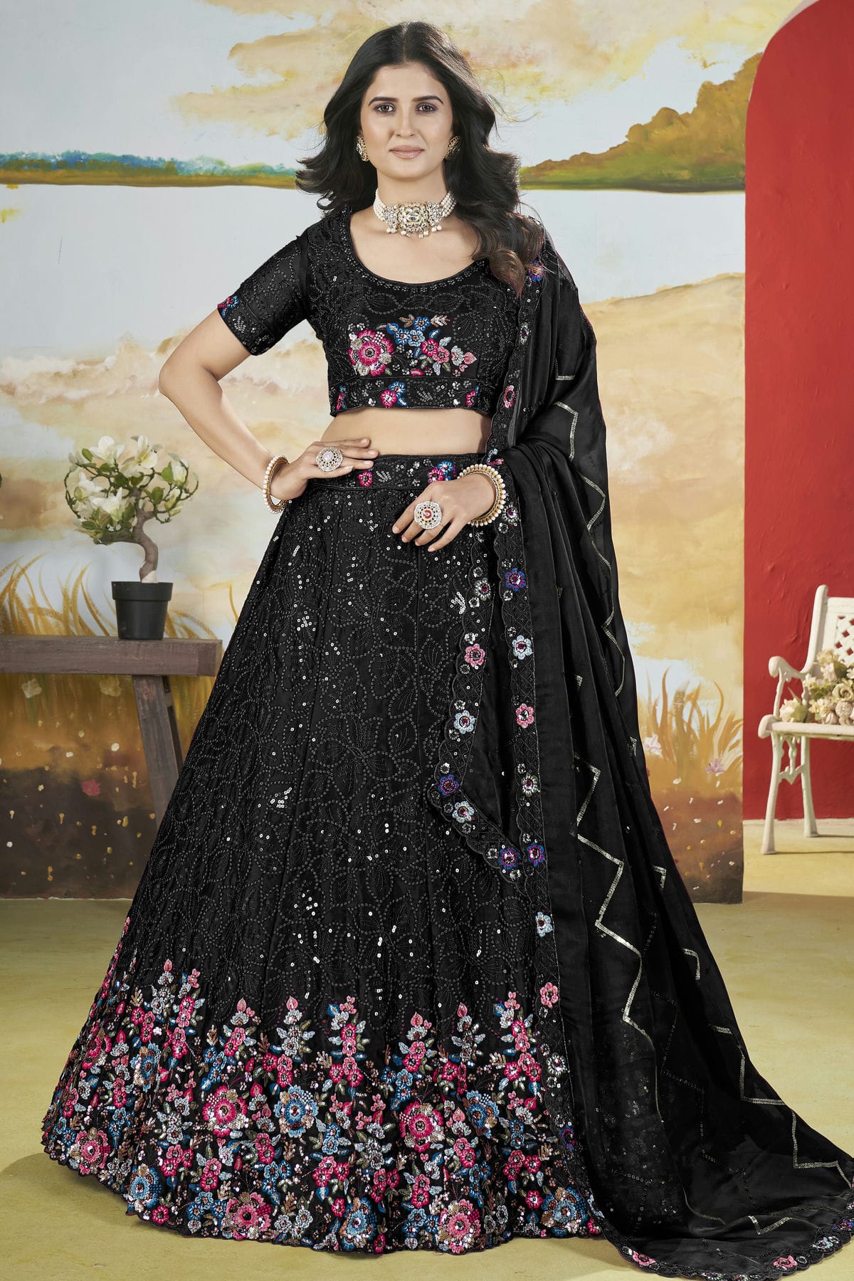 Black-Colour-Semi-Stitched-Chinon-Lehenga-Choli-VSLC1112521